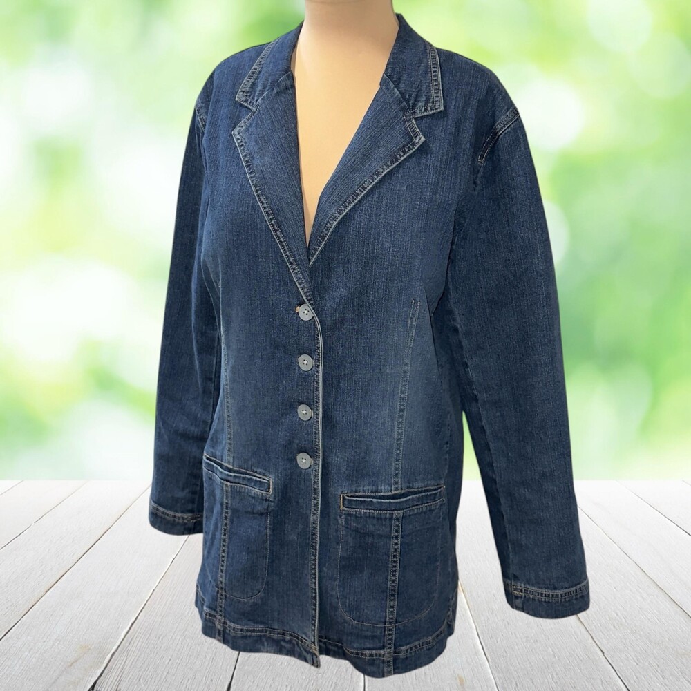 Vintage CHICOS DESIGN Denim Blazer Longline Jacket Stretch Blue Y2K Size 2 (L)